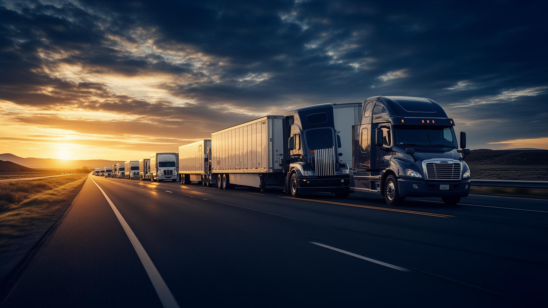 Fleet of semi-trucks on an American highway at sunset