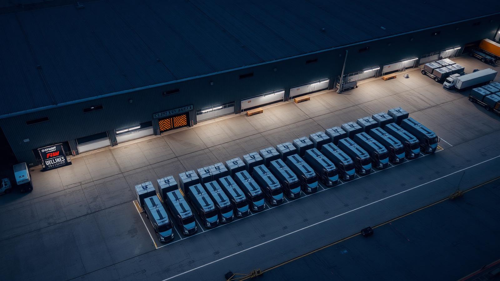 Aerial view of a freight distribution warehouse with docked trucks